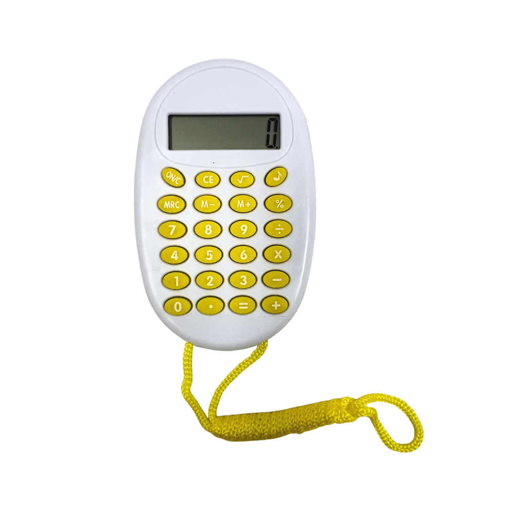 calculadora digital con pita, plastico, amarillo