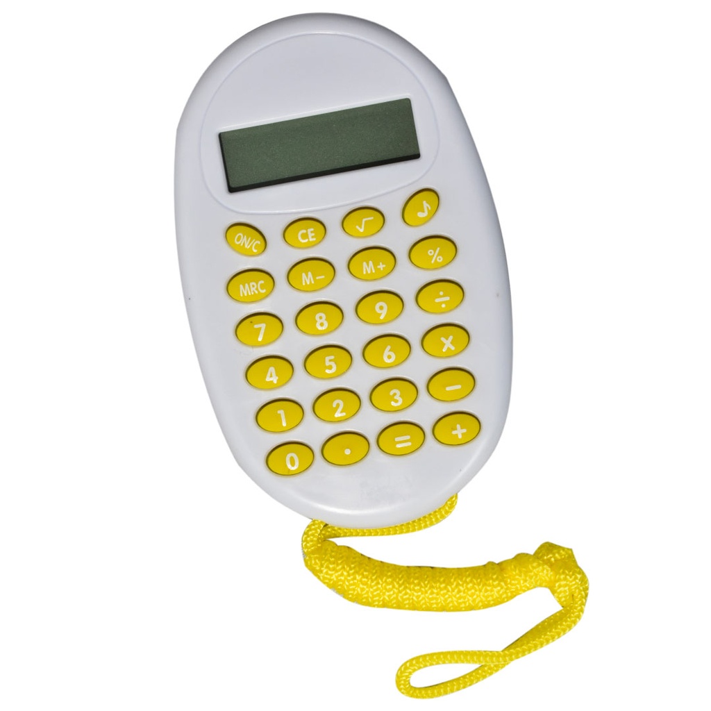 calculadora digital con pita, plastico, amarillo