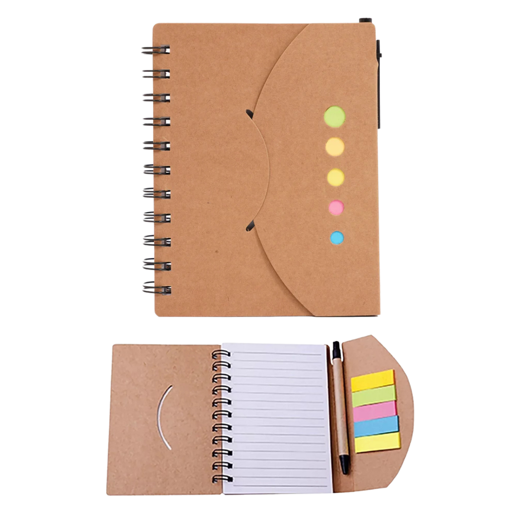 libretas, ecologica de carton, color natural, 12*15.5 centimetros, con lapicero y notas adhesivas 70 pag