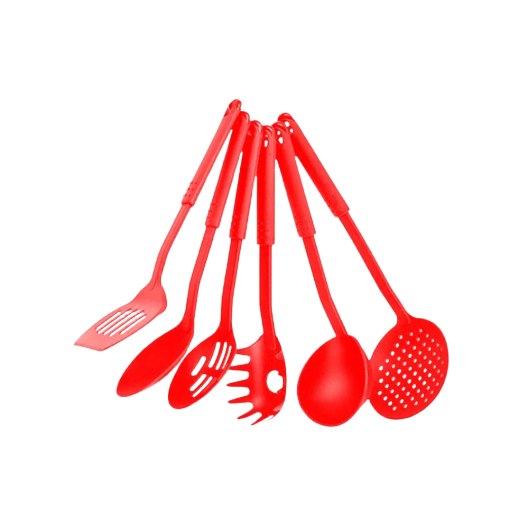 set de 6 utensilios, plástico, rojo, para cocina ,