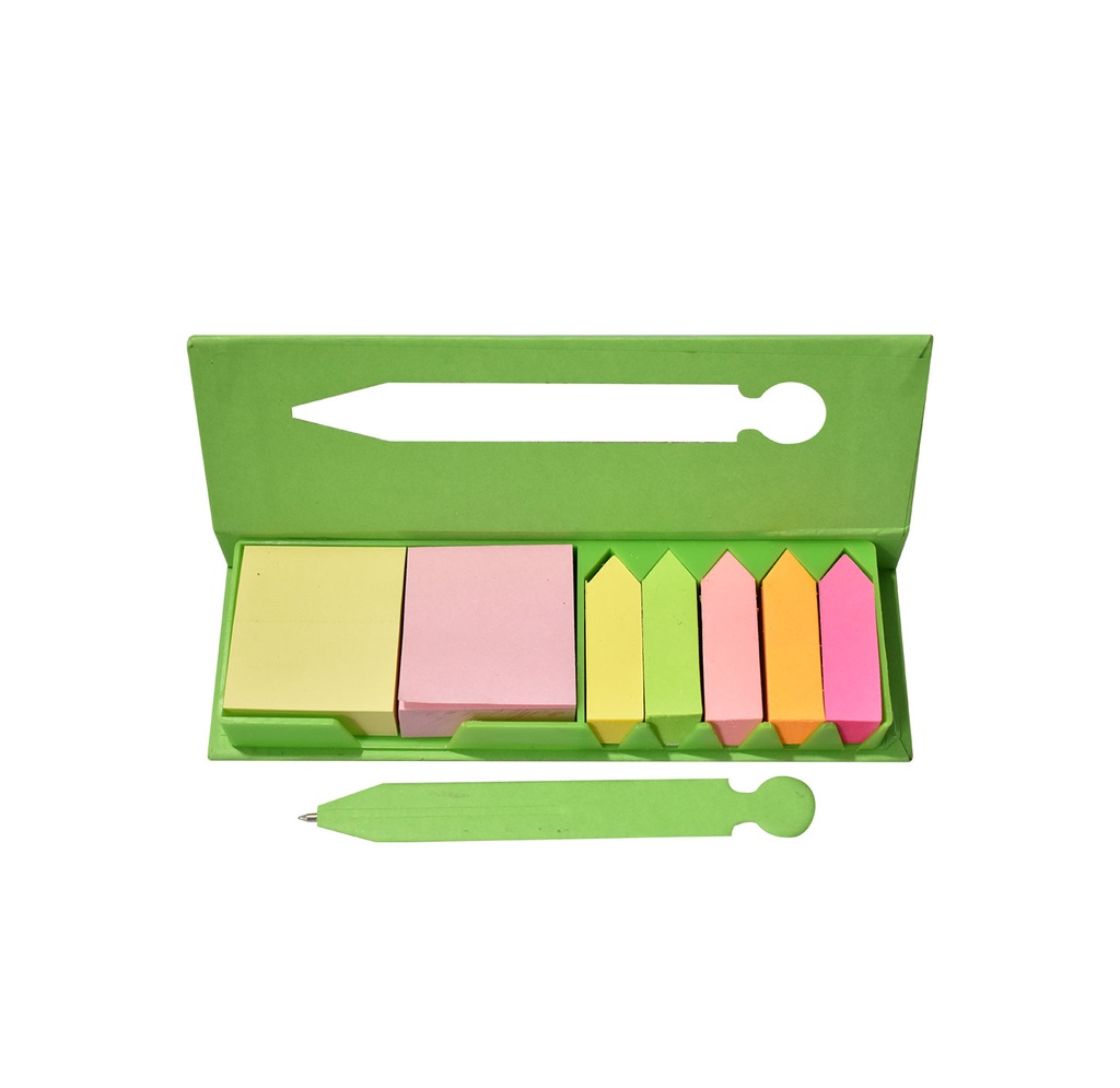 estuche, papel, verde,  nd, con notas adhesivas