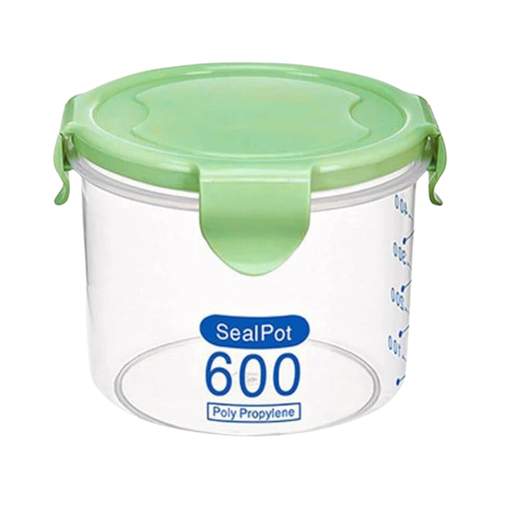 recipiente cilindrico, plástico, verde, 9.5*8.5 cm 600 ml mililitro, con tapadera,