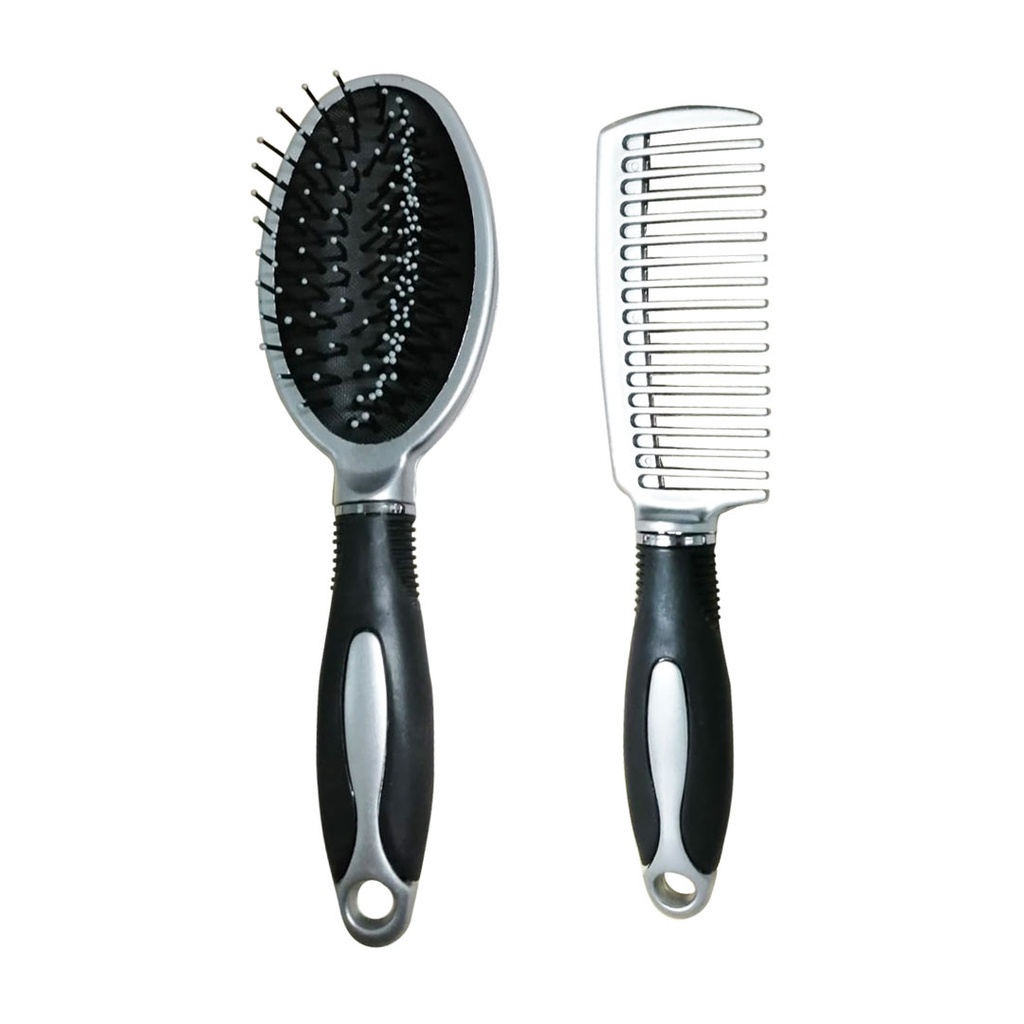 set de peine + cepillo gris plásticos con mango de goma suave