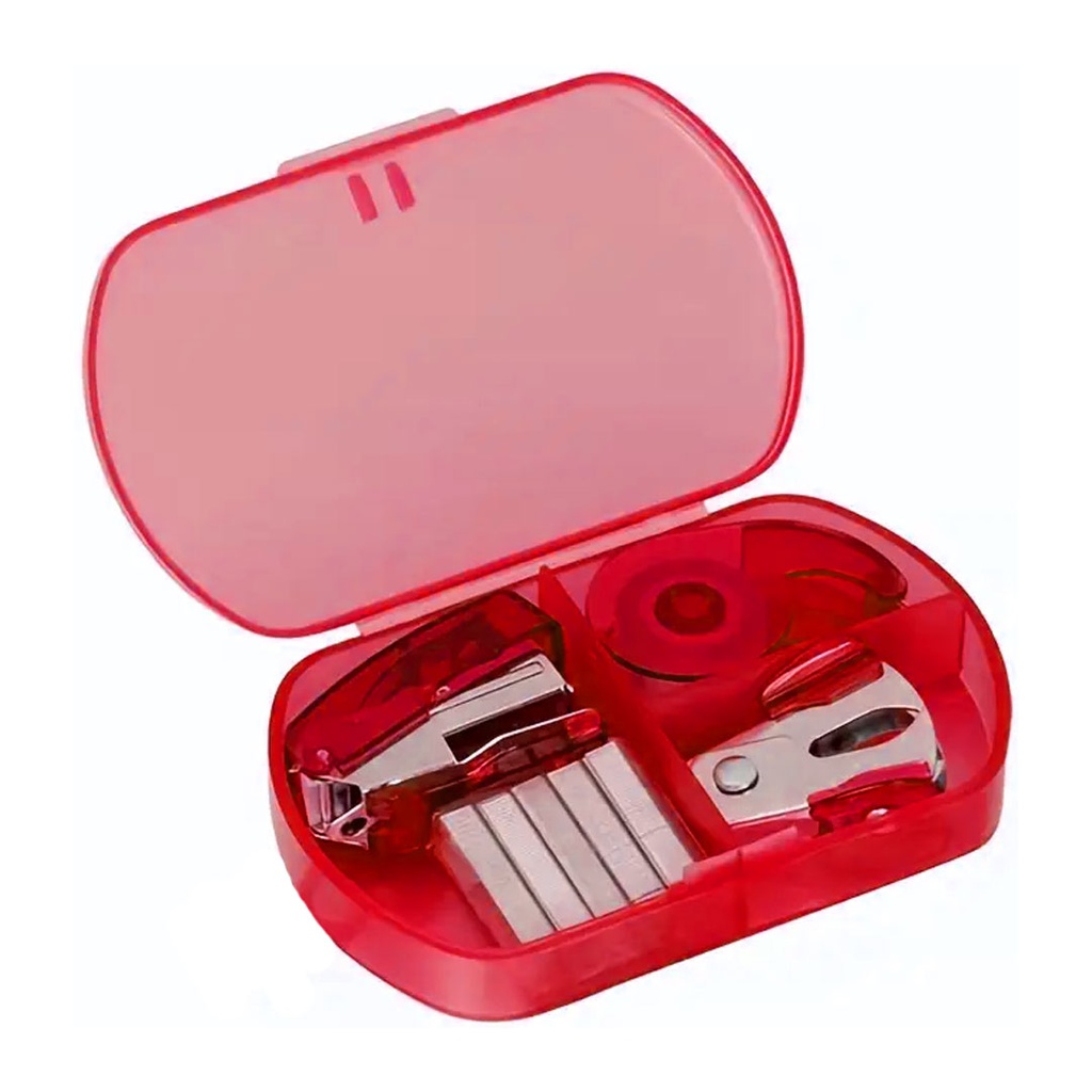 set de oficina, plástico, rojo, en caja con 2 , engrapadoras, grapas y tape 92*57*20 mm
