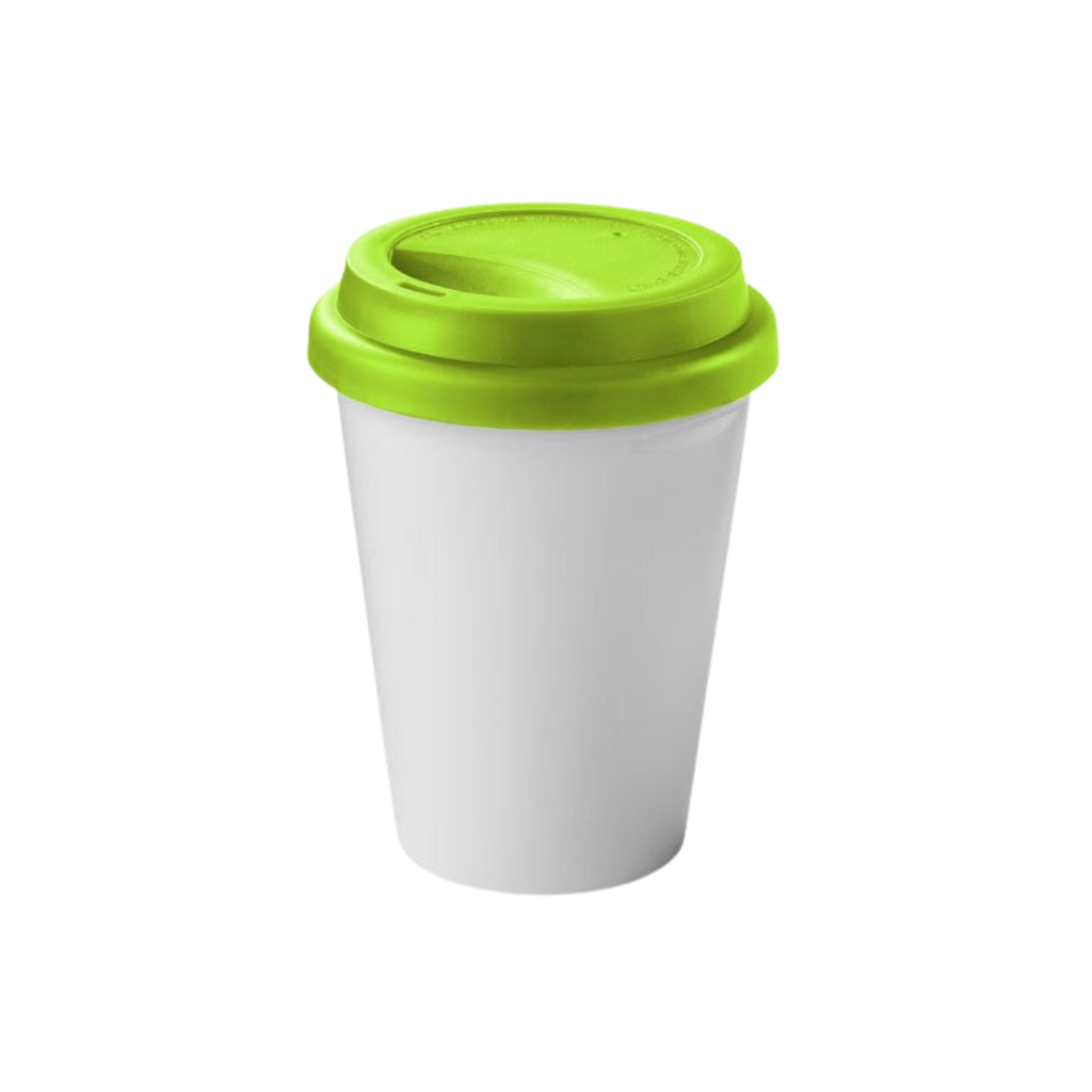 vaso, cerámica, blanco, c nd, con tapa de silición verde
