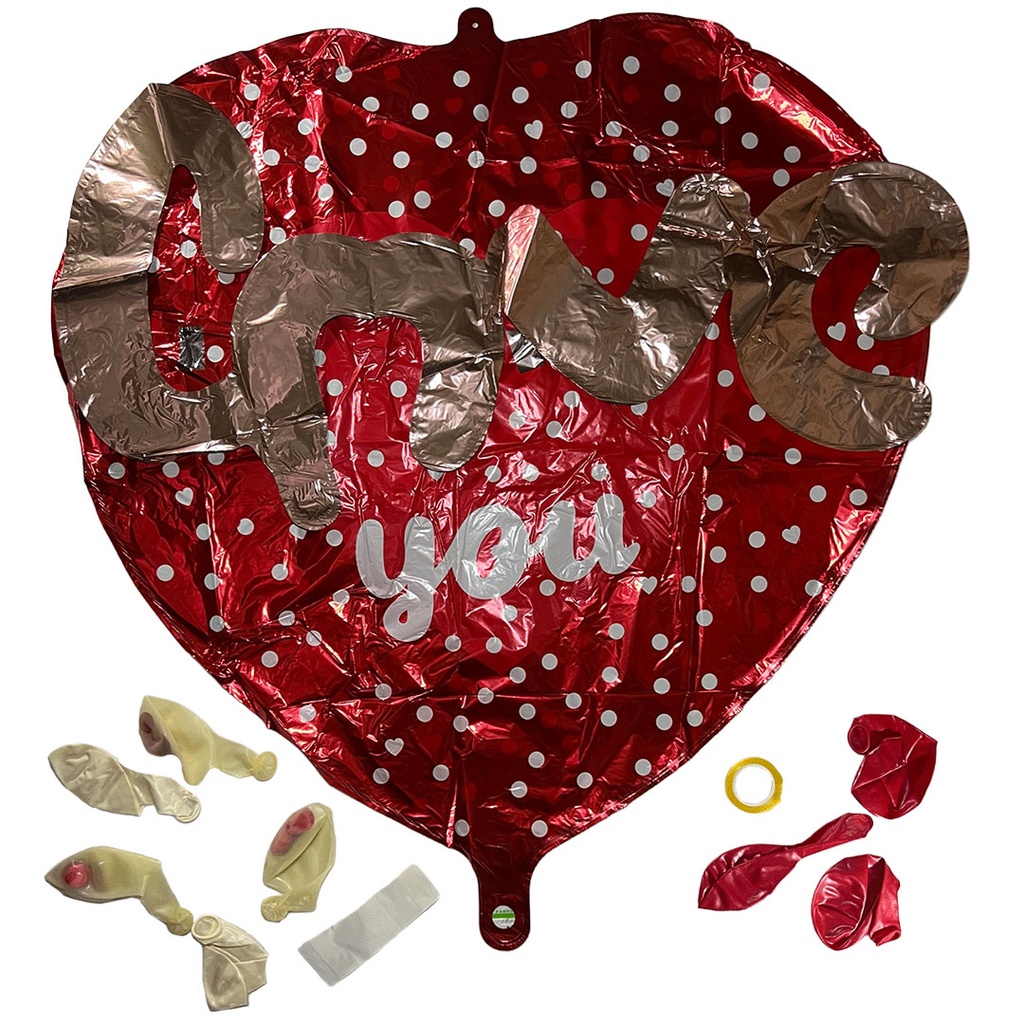 set de globos, , rojos y blancos, redondos y un , corazon con leyenda love