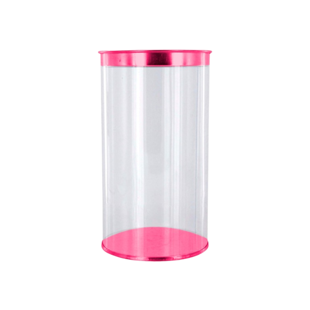 estuche cilindrico, pvc, rosado, 83*120 centimetros, con tapadera y base de colores