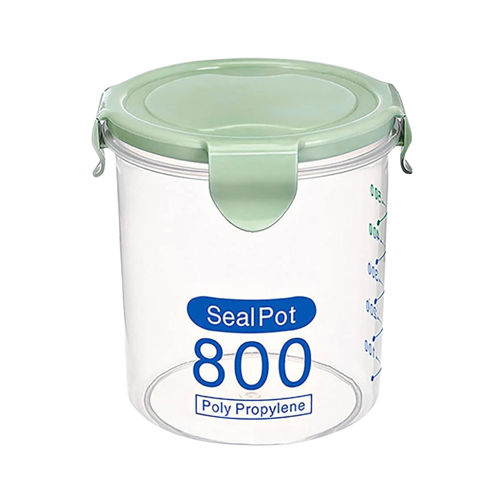 recipiente cilindrico, plástico, verde, 9.5*11.5 cm 800 mililitro, con tapadera,
