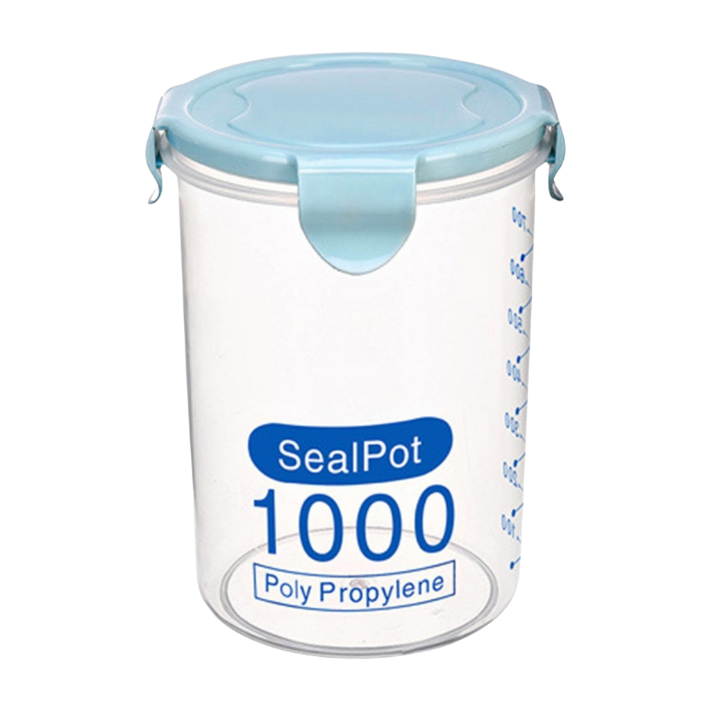 recipiente cilindrico, plástico, azul, 9.5*14.5 cm 1000 mililitro, con tapadera,