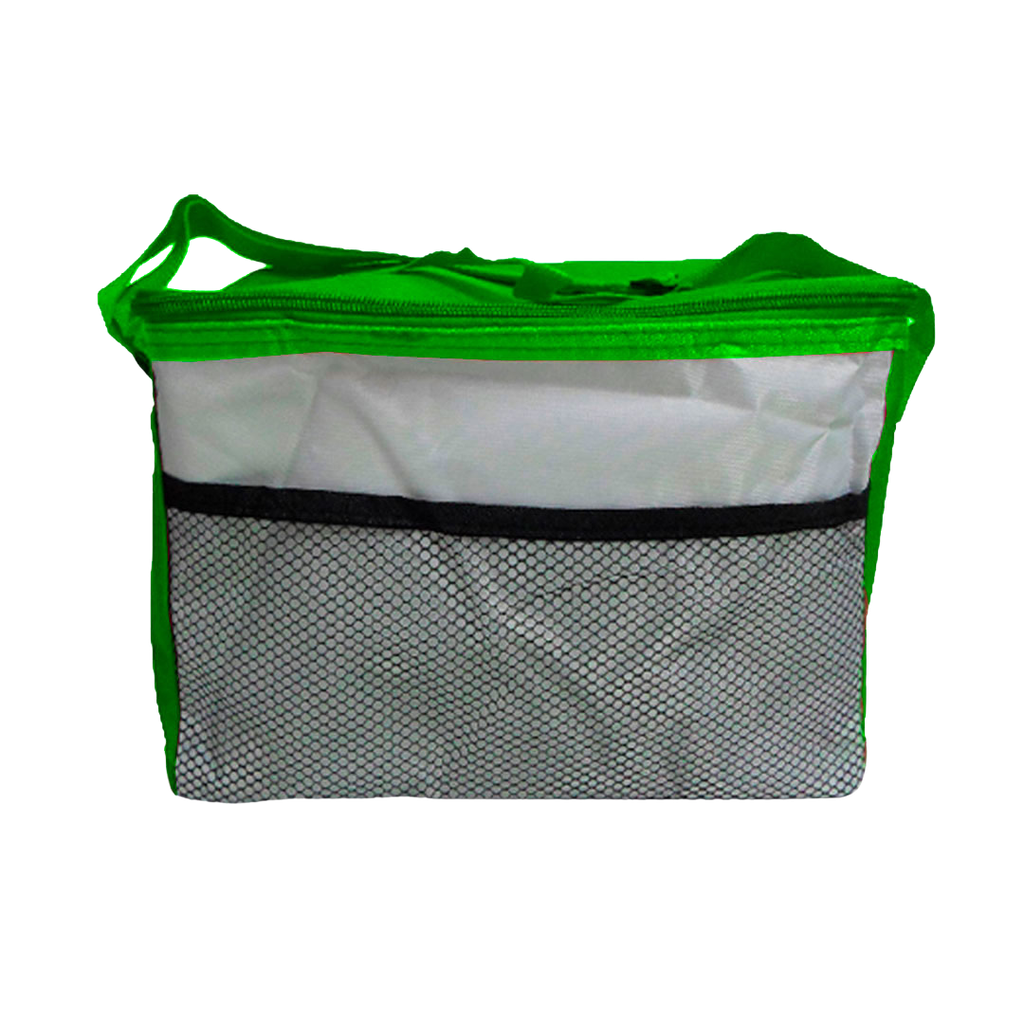 lonchera, oxford, verde, 26*18.5*18 centimetros, frente plateado zipper cinta verde claro