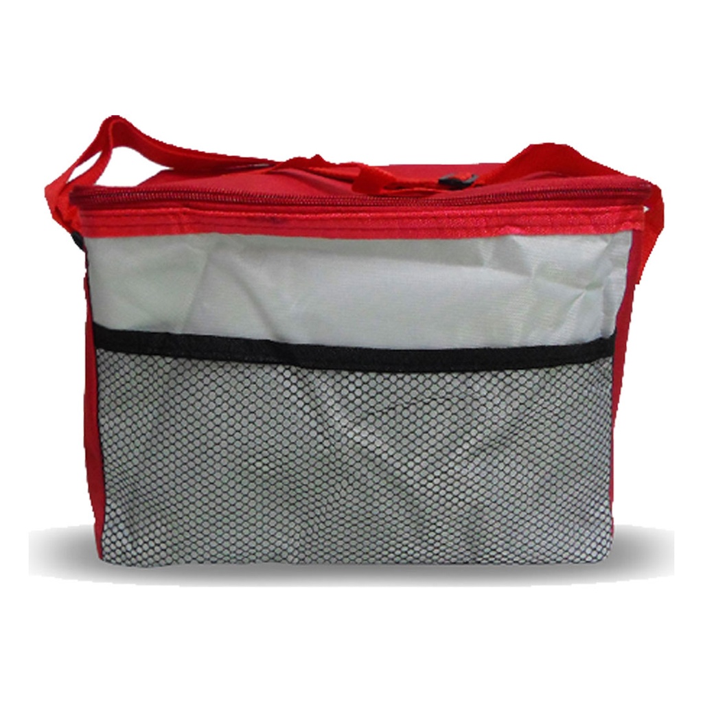 lonchera, oxford, rojo, 26*18.5*18 centimetros, con frente plateado