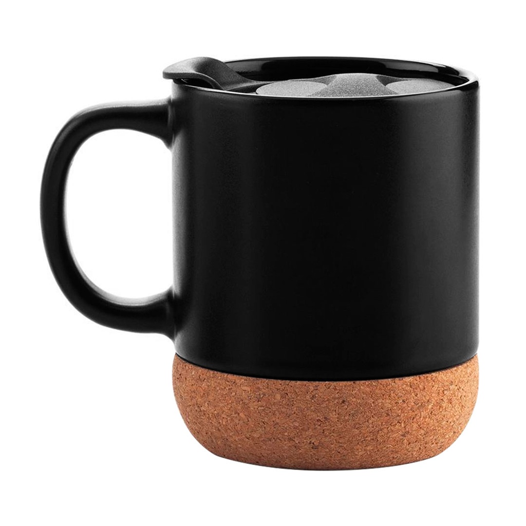 tazas, cerámica, negro, 8.5*9*10 centimetros, con tapa plastica y base de corcho 12 oz