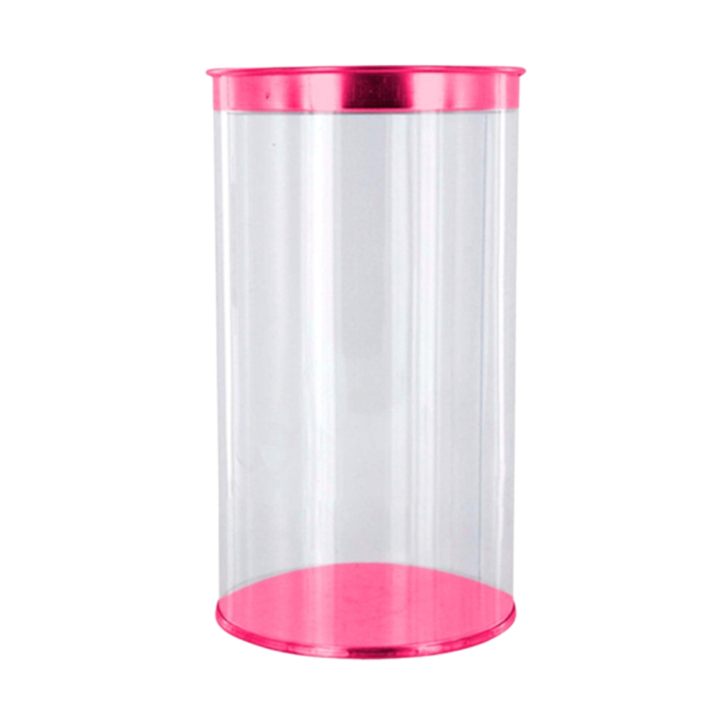 estuche cilindrico, pvc, fucsia, 100*140 centimetros, con tapadera y base de color