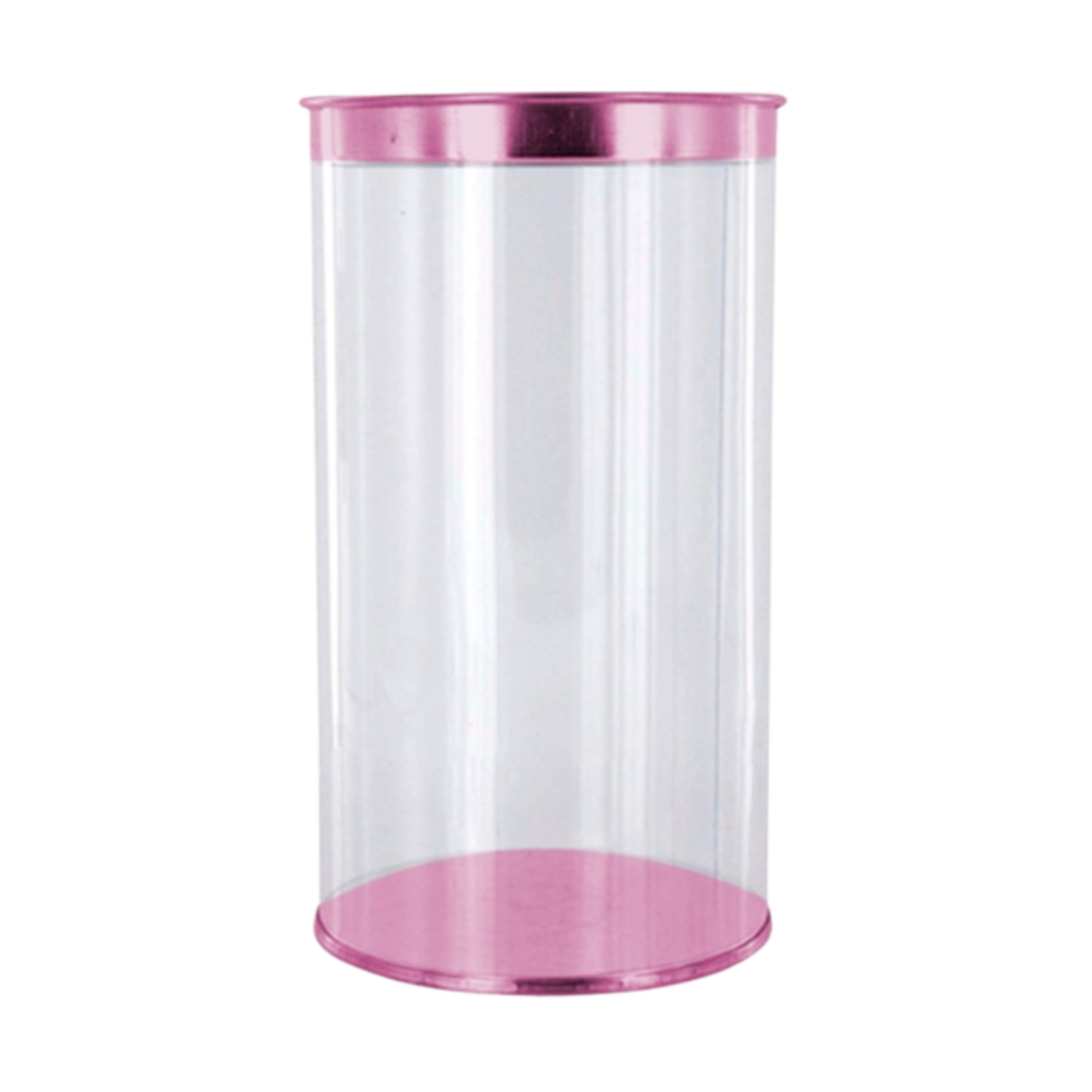 estuche cilindrico, pvc, rosado, 100*140 centimetros, con tapadera y base de color