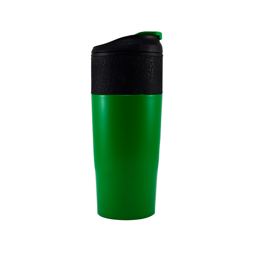 termos, acero inoxidable, verde, 16 onzas, pared externa plastica ,agarrador negro