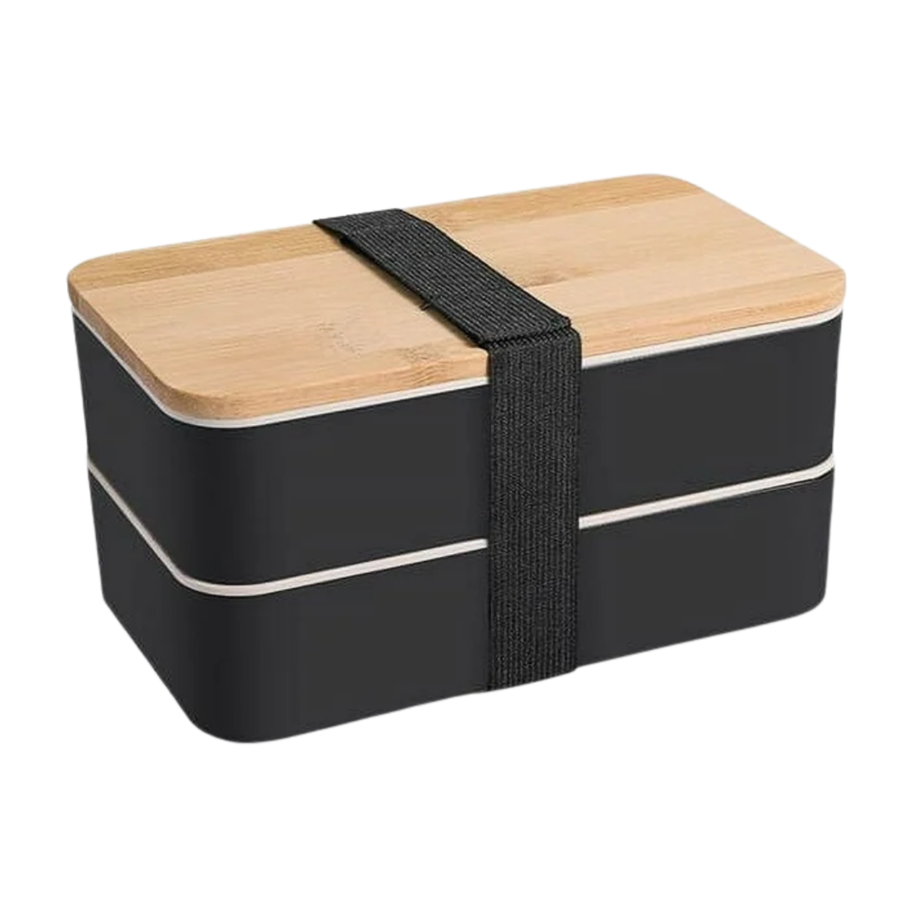 fiambrera, fibra de trigo, negro mate, 18.5*10.5*9.5 centimetros, 3 compartimientos con cubiertos