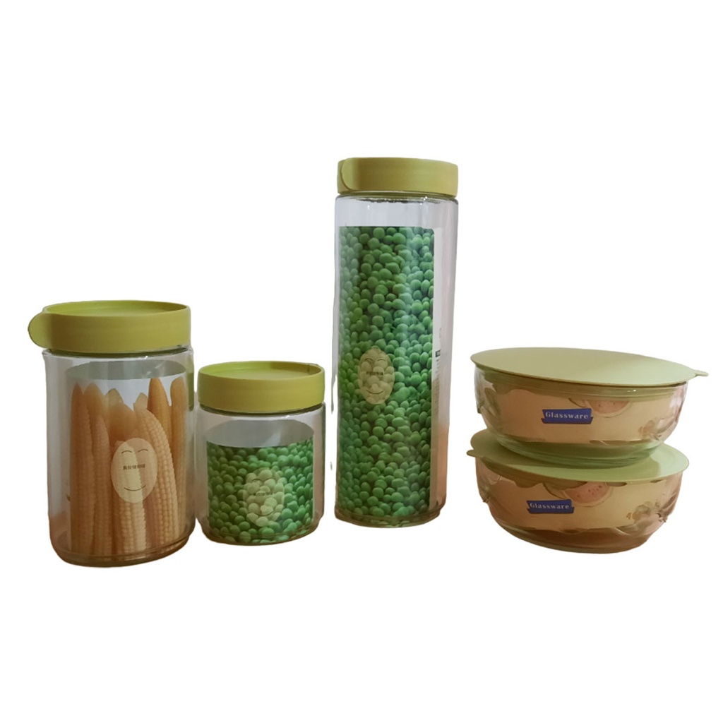 set de frascos, vidrio, transparente,  nd, 3 frascos y 2 bowl