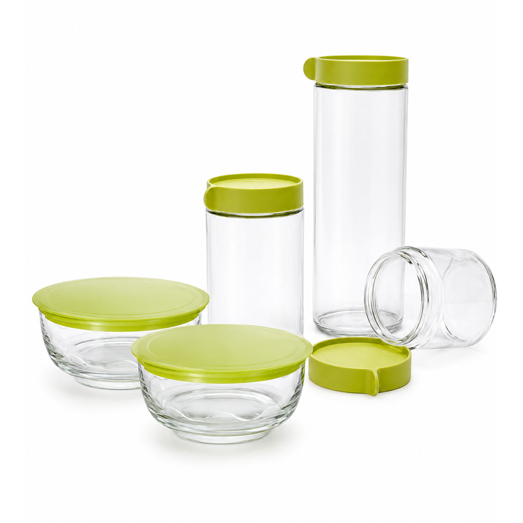 set de frascos, vidrio, transparente,  nd, 3 frascos y 2 bowl
