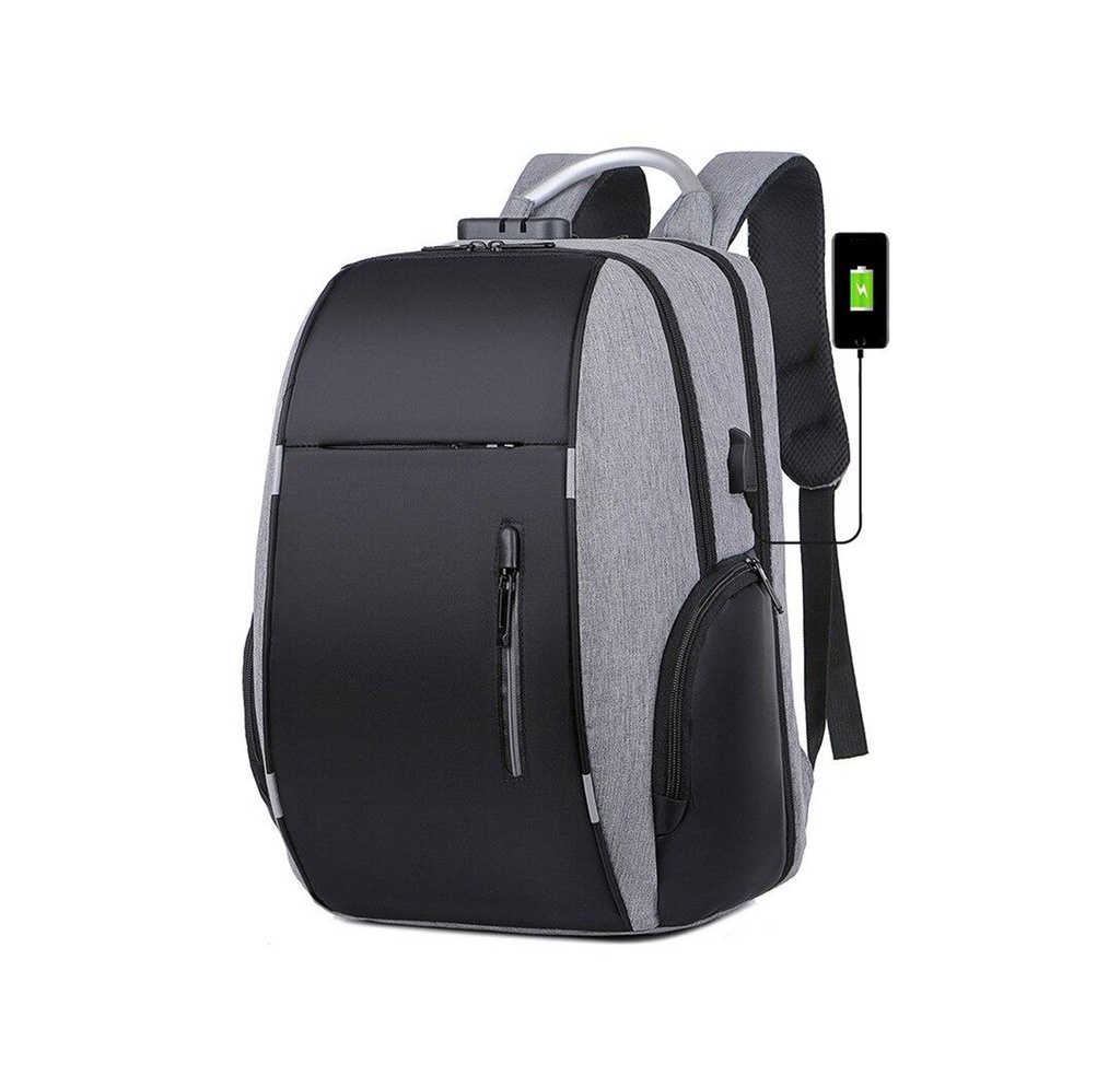 mochila antirobo, , gris con negro, 30*18*43 con puerto , para cargador y salida audifono
