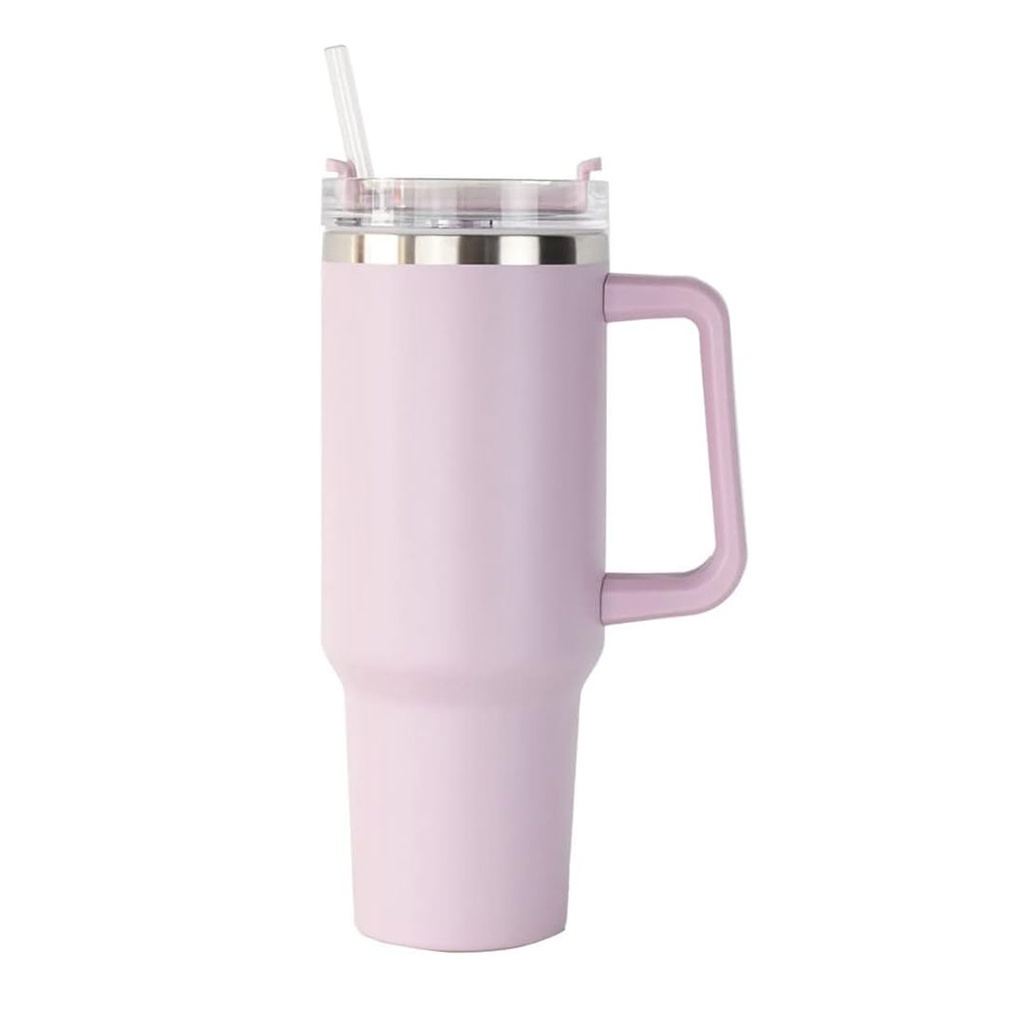 [P251371] Taza, Acero Inoxidable, rosado mate, 40 Oz Bold doble pared interior plástica, tapa y pajilla