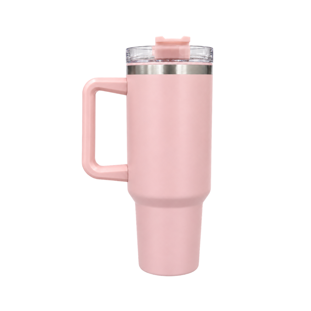 [P251371] Taza, Acero Inoxidable, rosado mate, 40 Oz Bold doble pared interior plástica, tapa y pajilla
