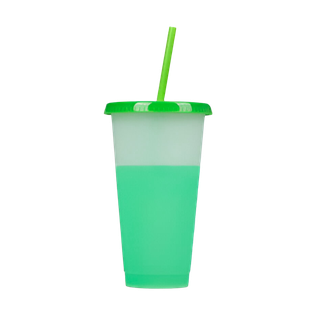 Vaso Plástico Verde 600 ml Cambia De Color Con Tapa Y Pajilla