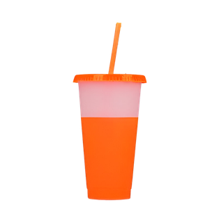 Vaso Plástico Anaranjado 600 ml Cambia De Color Con Tapa Y Pajilla