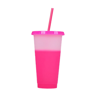 Vaso Plástico Fuscia 600 ml Cambia De Color Con Tapa Y Pajilla