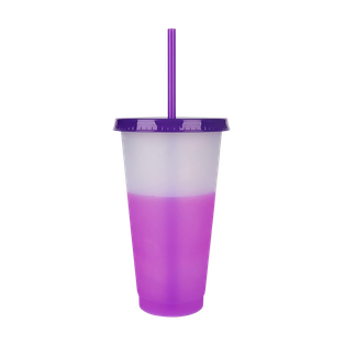 Vaso Plástico Morado  600 ml Cambia De Color Con Tapa Y Pajilla