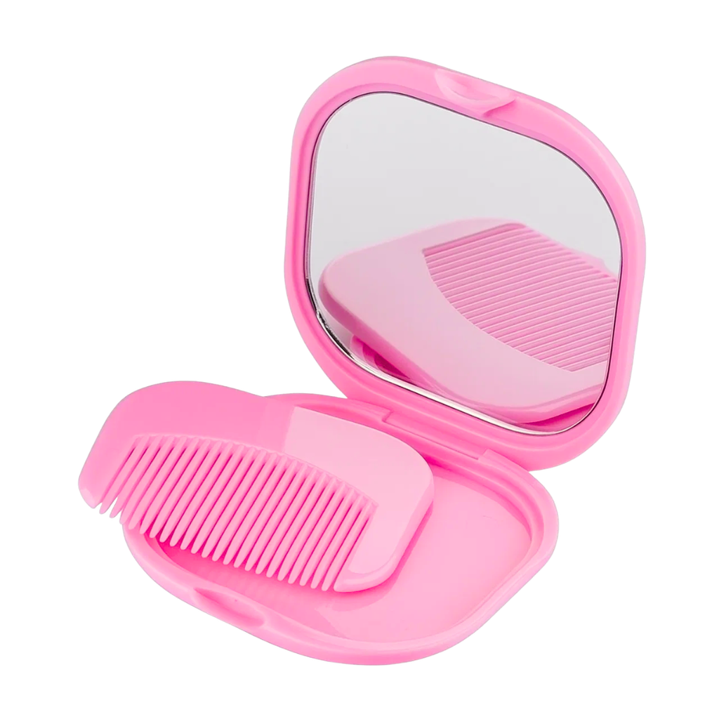 [B664068] Espejo Plástico Rosado 7*7*1.2 cm Cuadrado Con Peine