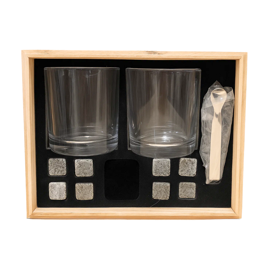 [P298151] Vasos Vidrio Natural 25.5*18.5*9.5 cm 2 Pcs Con 8 Cubos De Piedra Y Tenaza En Caja