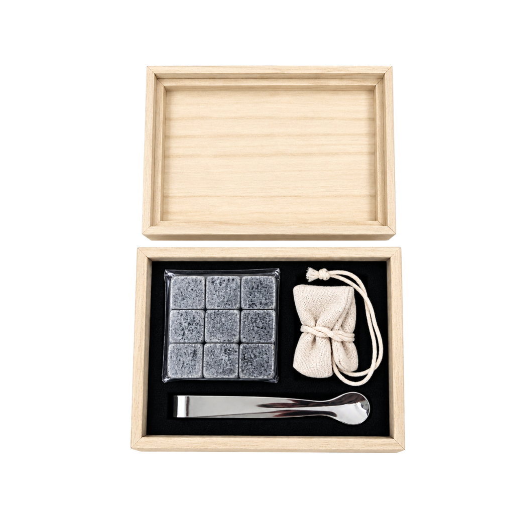 [P298155] Cubos Piedra Natural 14.2*12*5 cm 9 Pcs Con Tenaza En Caja De Bambú