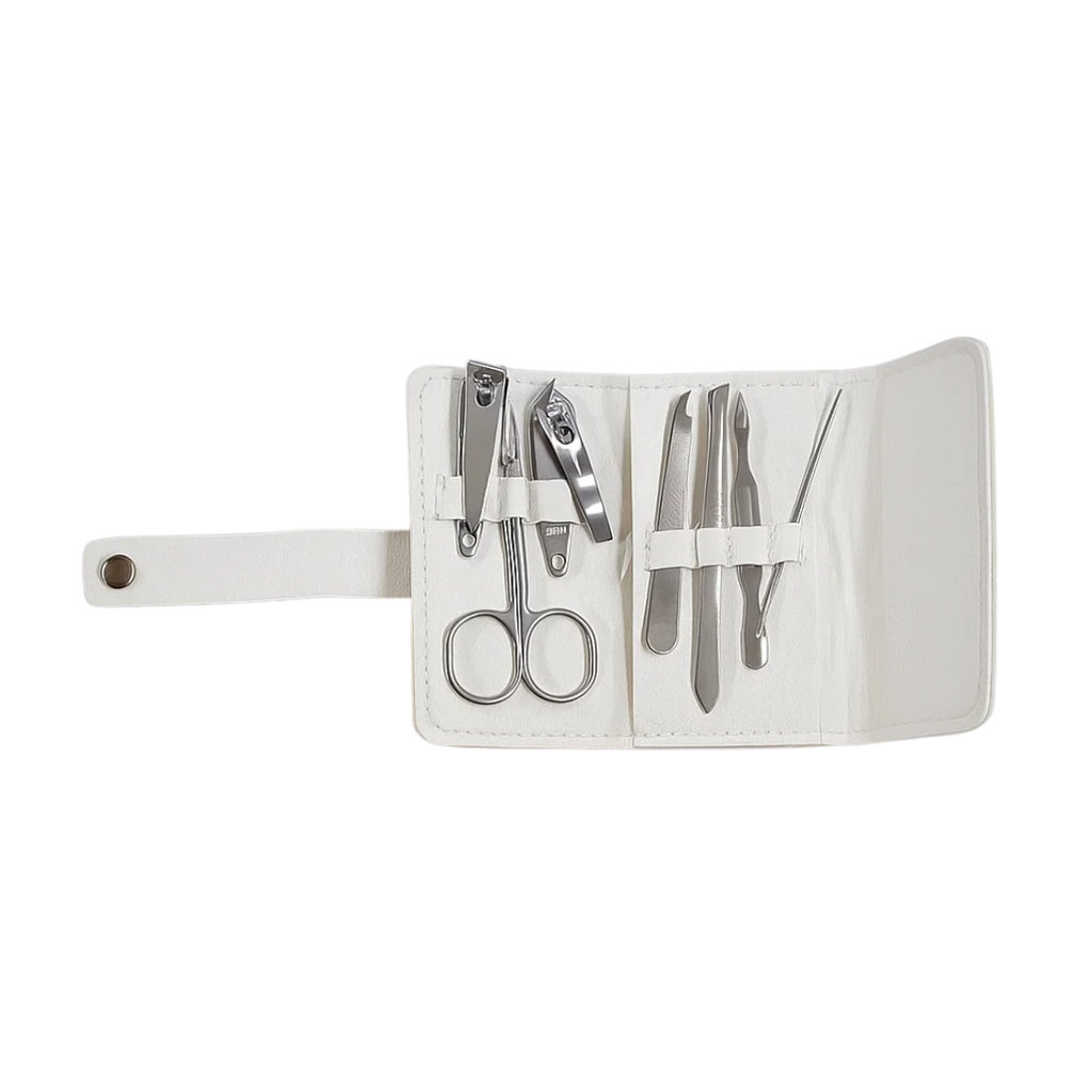 [B664081] SET DE MANICURA ACERO INOXIDABLE BLANCO 7 pcs en estuche de tela