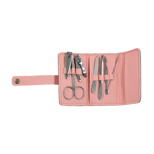 SET DE MANICURA ACERO INOXIDABLE ROSADO 7 pcs en estuche de tela