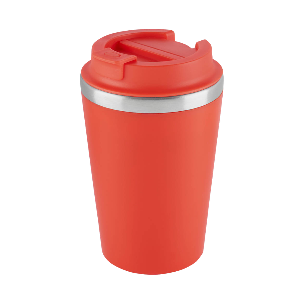 [P252021] VASO, ACERO INOXIDABLE, ROJO, 350 ml, MIAMI DOBLE PARED EXTERIOR PLÁSTICO CON TAPADERA