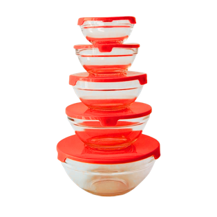 TAZÓN, VIDRIO, ROJO, 5 PCS DE BASE TRANSPARENTE CON TAPA DE COLOR