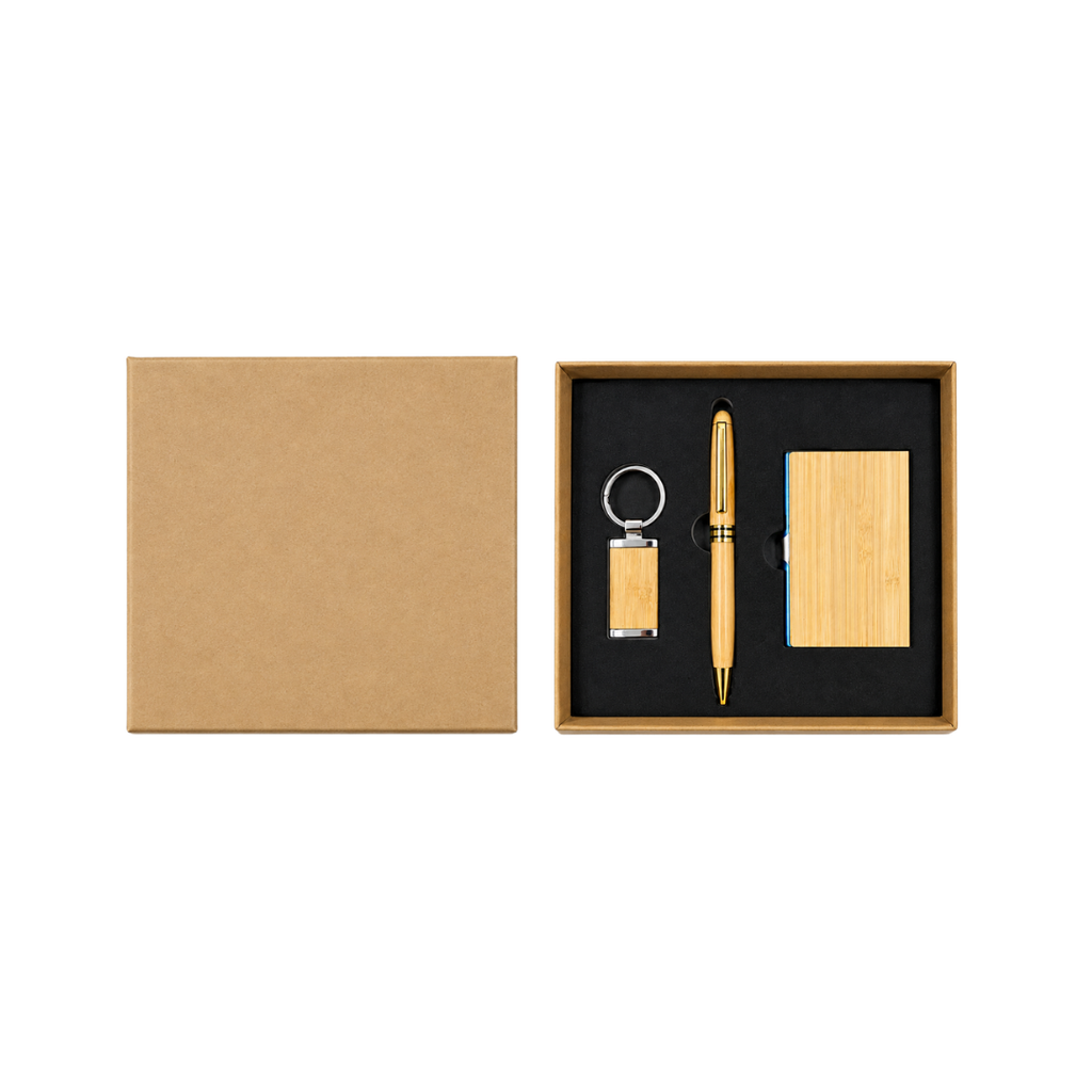 [P299056] Set de escritorio bambú natural  17*17*3cm  3 pcs, lapicero, tarjetero y llavero