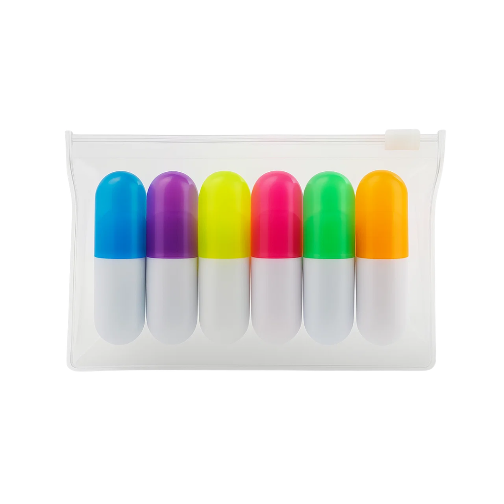 [P299061] Resaltador plástico colores 11*7.5*1.7 cm bolsa transparente ziploc con 6 pcs forma de píldora