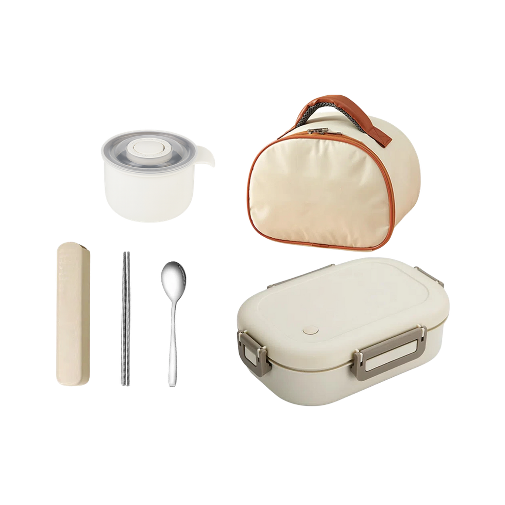 [H552172] Lonchera oxford beige  23*17*17,5 cm  con set de cubiertos y herméticos