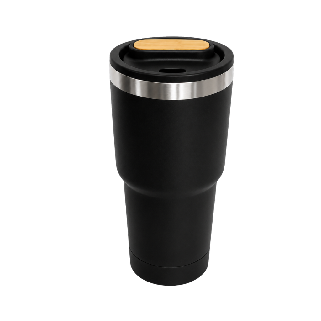 [P299079] Vaso, acero inoxidable, negro, 530ml, Selene  18*8.8 cm doble pared top de bambú