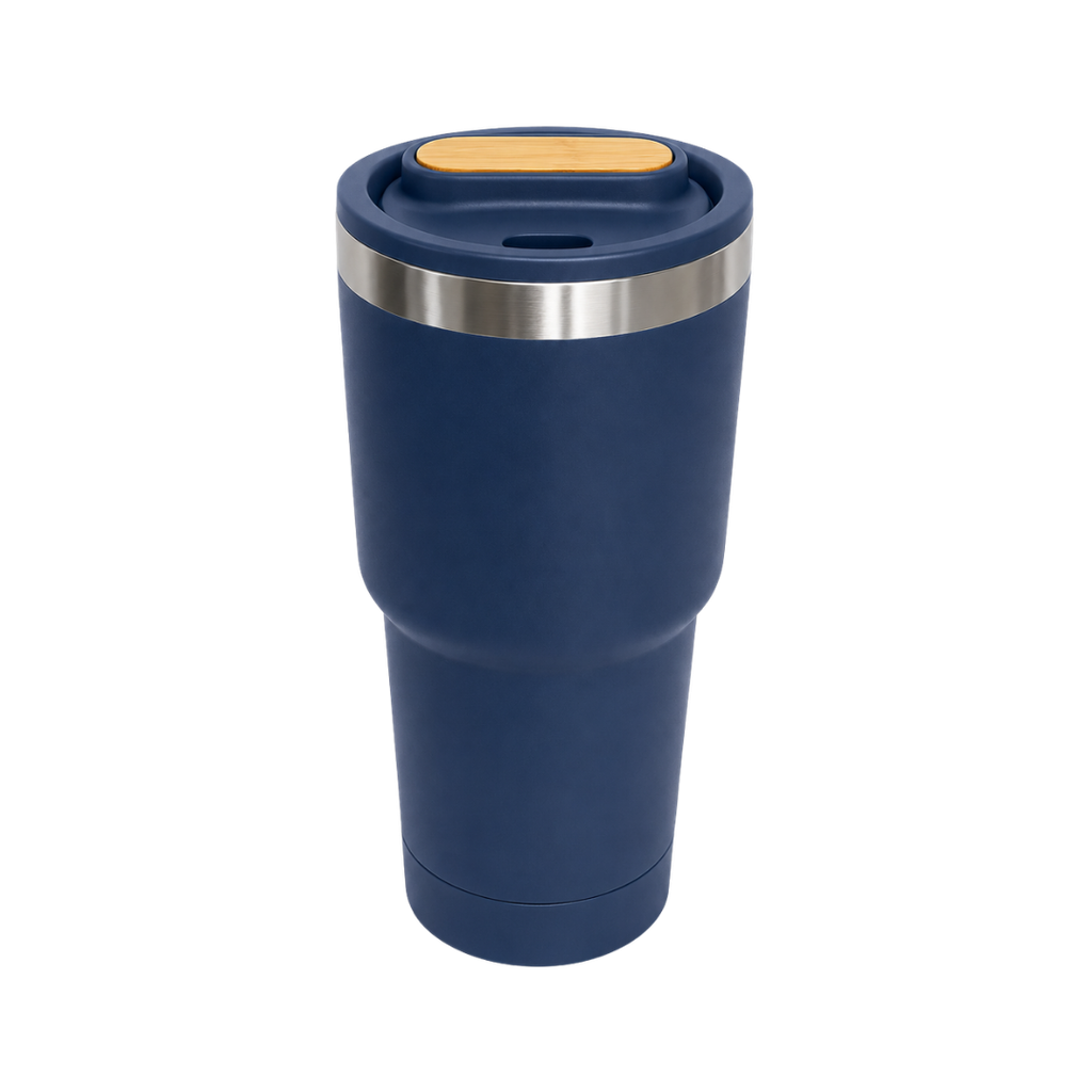 [P299080] Vaso, acero inoxidable, azul oscuro, 530ml, Selene  18*8.8 cm doble pared top de bambú