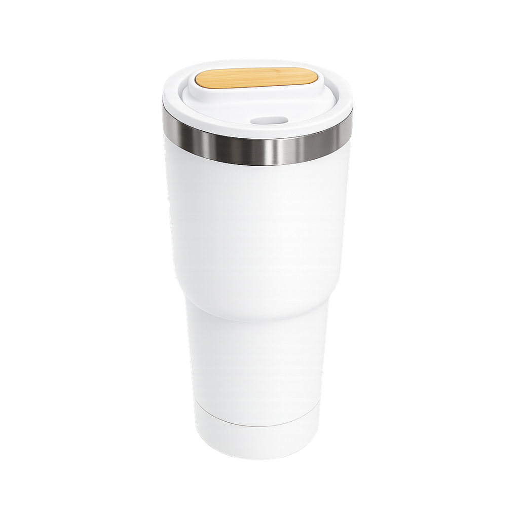 [P299082] Vaso, acero inoxidable, blanco, 530ml, Selene  18*8.8 cm doble pared top de bambú