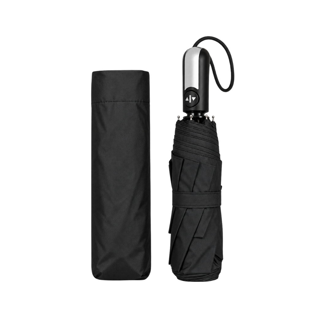 [P299089] Sombrilla, poliester, negro, 21", de mano full automática 8 páneles mango placa metálica bolsa de tela