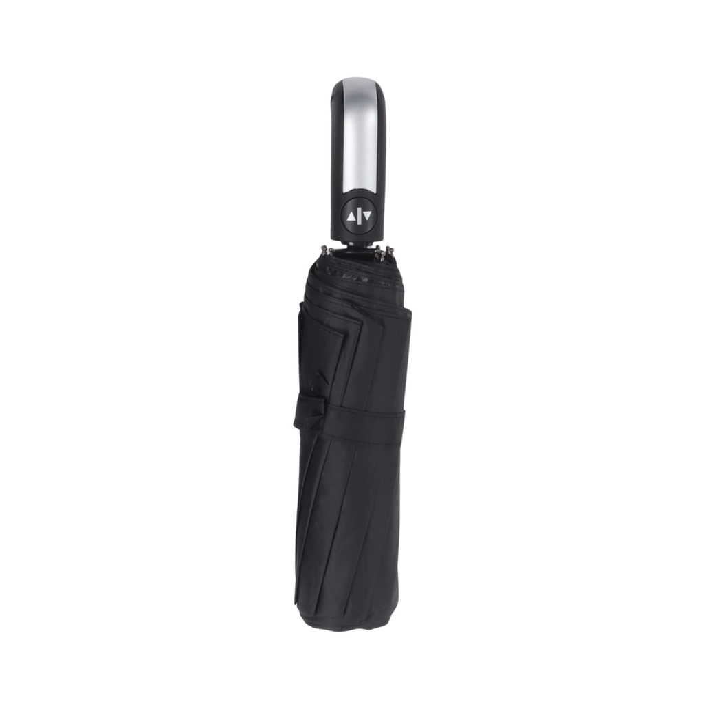 [P299089] Sombrilla, poliester, negro, 21", de mano full automática 8 páneles mango placa metálica bolsa de tela