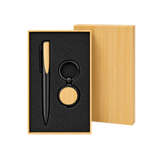 Set de escritorio, metal, negro,2 pcs: lapicero y llavero detalles de bambú