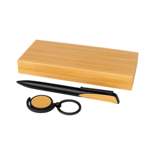 Set de escritorio, metal, negro,2 pcs: lapicero y llavero detalles de bambú