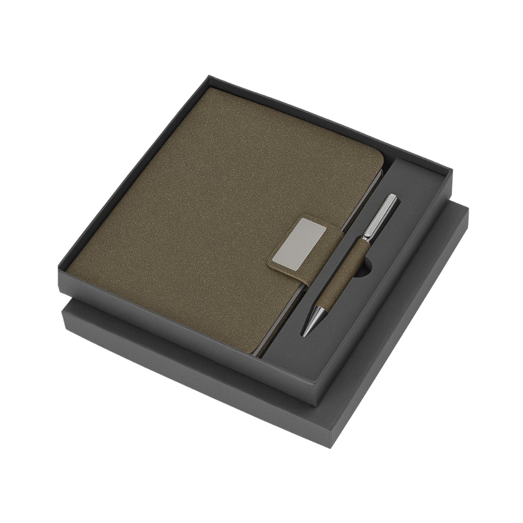 [P299101] Libreta, fibra de café, café, A5, Matcha con lapicero de acero