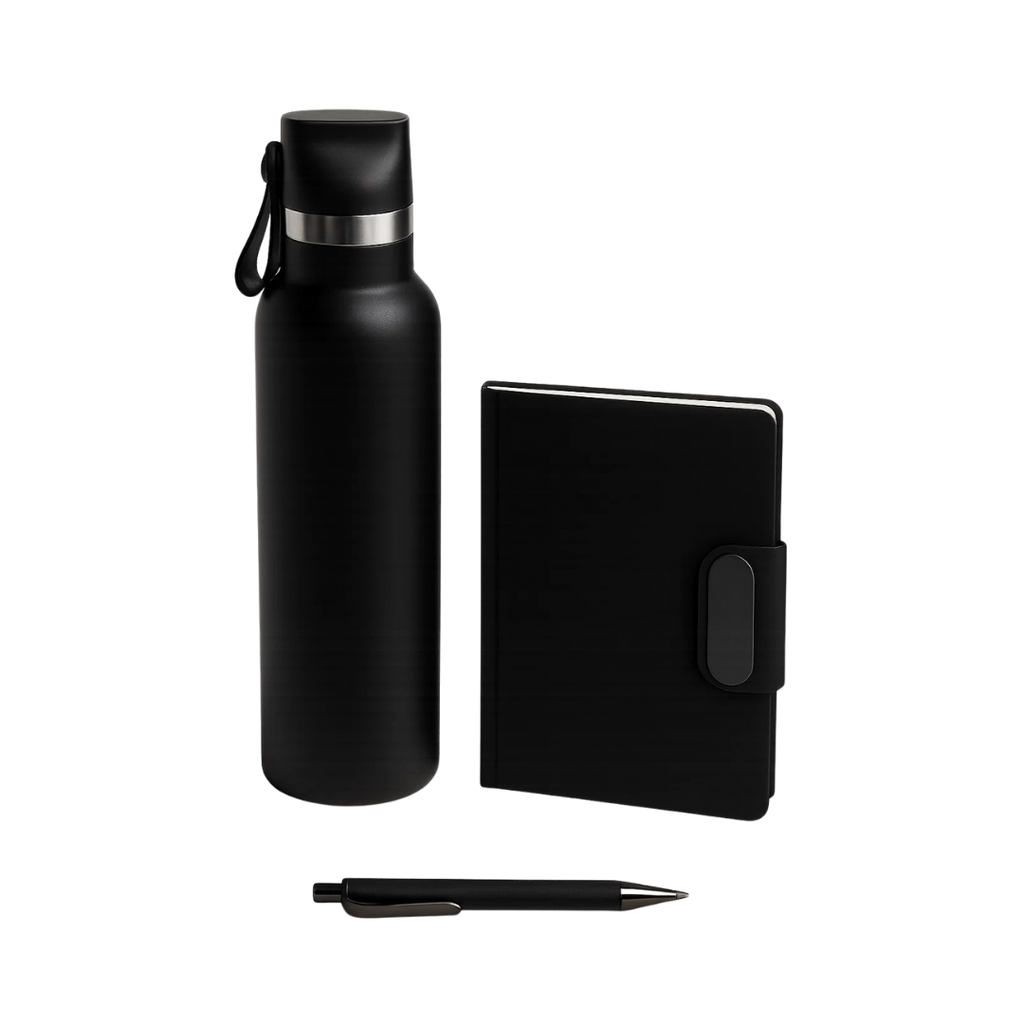 [P299102] Set ejecutivo, acero inoxidable, negro, Botella doble pared con agenda A5 y lapicero RPET
