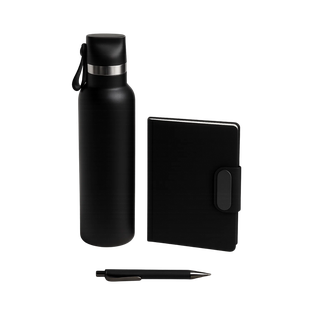 Set ejecutivo, acero inoxidable, negro, Botella doble pared con agenda A5 y lapicero RPET