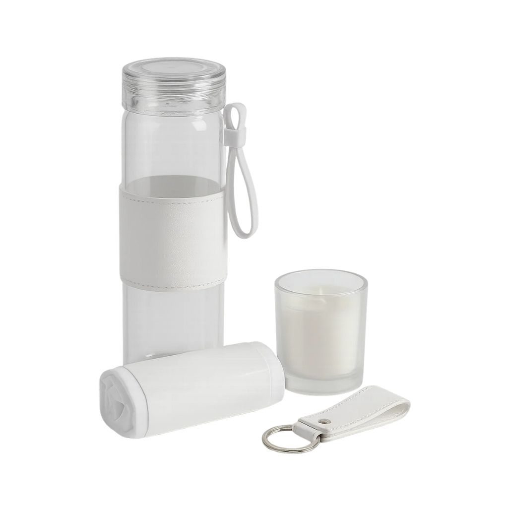 [P299103] Set ejecutivo, vidrio, blanco, Yogui 4 pcs: botella, toalla, llavero y vaso